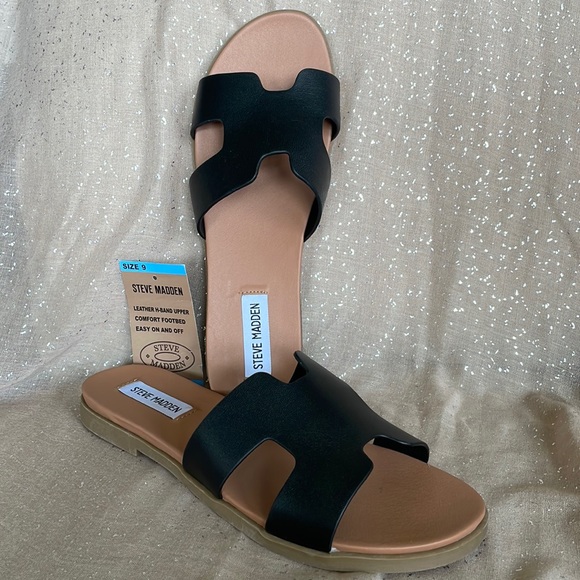 Brand New Steve Madden Genuine Leather H-Band Black Comfortable Slides Sandals - Picture 2 of 11